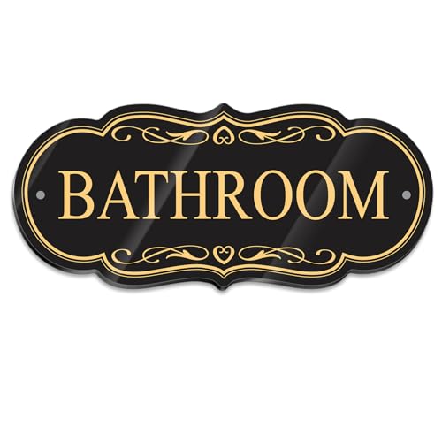 ASAVI Bathroom Sign – 8x3.5 Inch Premium Acrylic Door Sign, Waterproof and Durable, Self-Adhesive Backing with Pre-Drilled Holes, Black/Gold/White, for Home, Office, Commercial Use (Black gold)