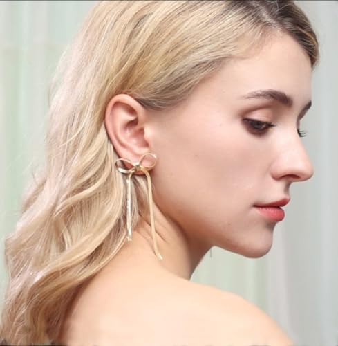 Bow Drop Dangle Earrings for Women, Long Tassel Chain Earrings Wedding Statement Earrings3