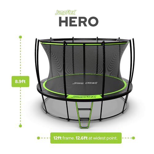 JumpFlex Trampoline Hero 12FT Round Outdoor Backyard Trampoline ASTM Approved with Net Safety Enclosure & Ladder Playset with Fast Assembly
