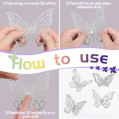 96 Pcs Butterfly Decorations 3 Sizes 4 Styles 3D Butterfly Wall Decor Party Decorations Butterflies for Crafts Birthday & Wedding Celebrations Cake Decorating Balloons Removable Stickers Silver - Thumbnail 3