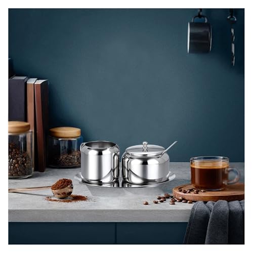 Genérico Juego de Azucarero y Jarra de Leche de Acero Inoxidable con Bandej y Cuchara - Estilo Europeo para Hogar, Cocina, Hoteles y Cafeterías