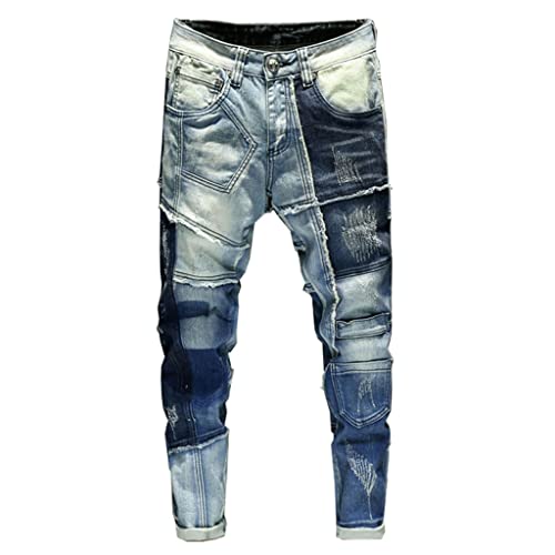 Pantalon jeans slim fit style hip hop streetwear aux empiètements patchwork