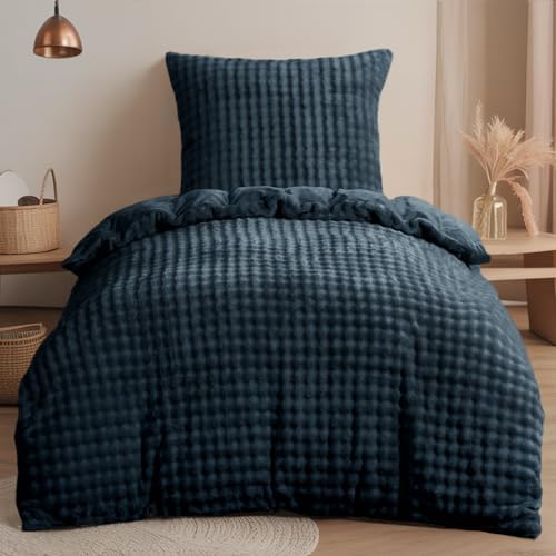 RUIKASI Winter Plüsch Bettwäsche 155 x 220 Flanell 2teilig Blau, Oeko-TEX | Warme 3D Bubble Fleece Kuschelig Flauschig Winterbettwäsche, Bettbezug mit Reißverschluss und 1 Kissenbe