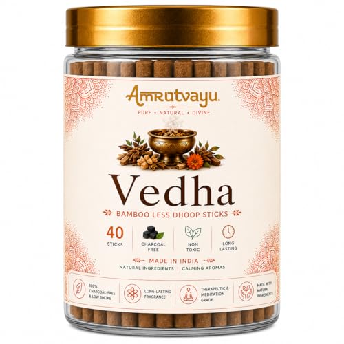 Image of Vedha Dhoop Sticks 4 inch 6mm Bamboo Less Incense Dhoop 40 Sticks for Pooja | No Charcoal Dhoop Batti with Holder Stand | Fragrance for Home, Mediation Relaxation