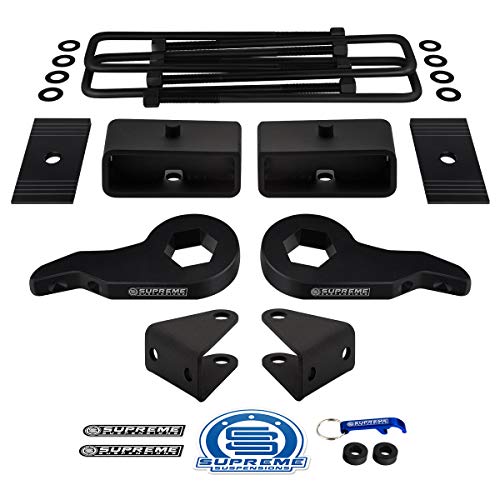 Supreme Suspensions - Full Lift Kit for Silverado Sierra 1500HD 2500HD 3500HD [8-Lug] Adjustable 1-3  Front Lift Torsion Keys + 2  Rear Lift Blocks + U-Bolts + Shock Extenders + Rear Axle Shims