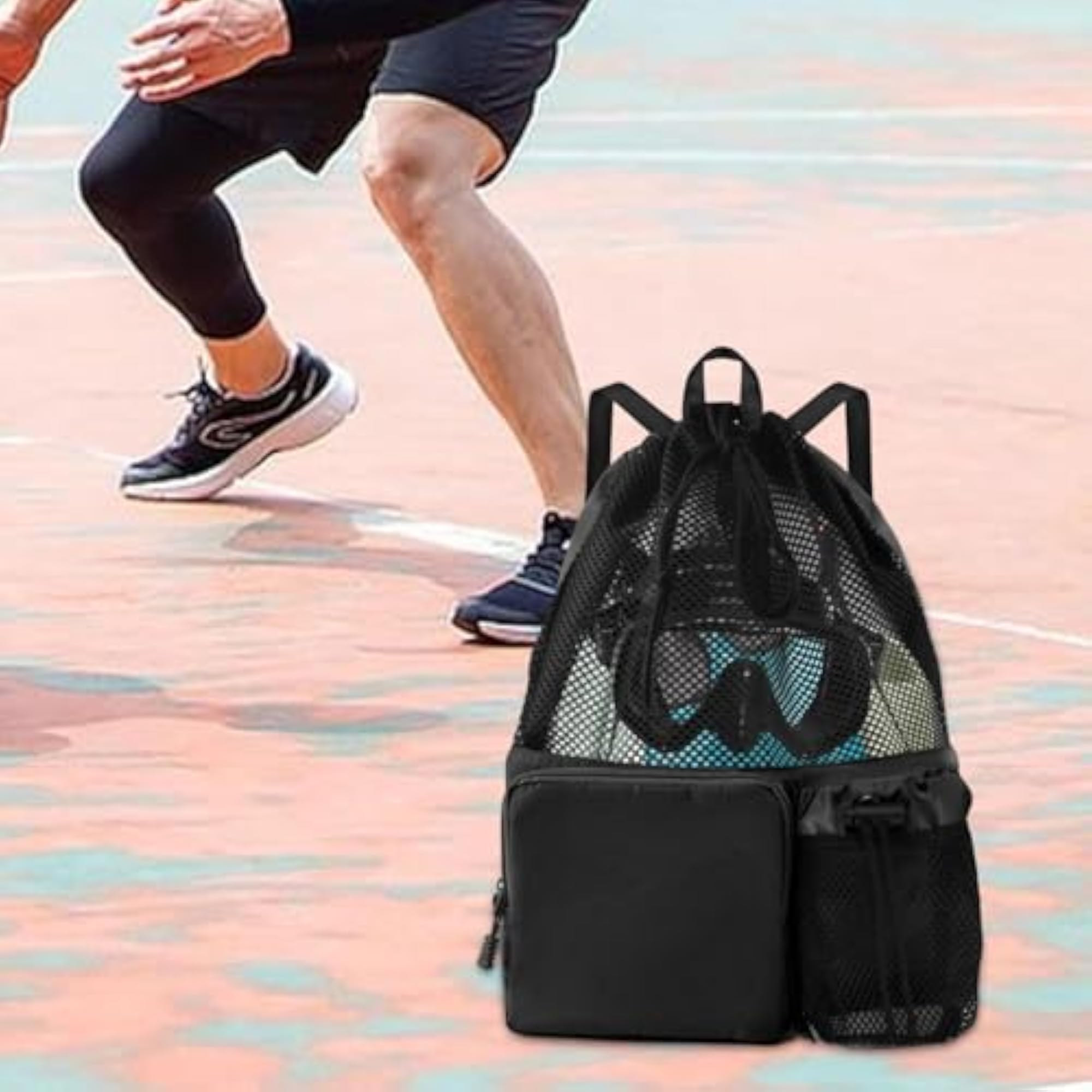 Mesh Drawstring Backpack Travel Gym Rucksack, Football Black