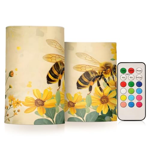 ALAZA Honey Bee Flickering Flameless Candles Battery Operated with Remote Timer,Tea Light Candles LED Pillar Votive Candles Set of 2 for Outdoor Indoor Decorations
