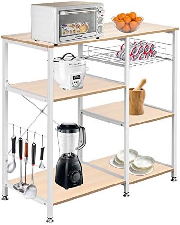 Aimopt 4-Tier Utility Storage Shelf, 90cm Microwave Stand, Kitchen Baker's Rack with 10 Hooks, 3-Tier Shelf for Spice Rack Organizer Workstation (Light Beige)