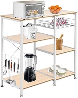 Aimopt 4-Tier Utility Storage Shelf, 90cm Microwave Stand, Kitchen Baker's Rack with 10 Hooks, 3-Tier Shelf for Spice Rack Organizer Workstation (Light Beige)