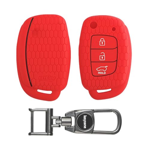 Image of Keyzone Silicone Key Cover for Hyundai Creta, Venue, Tucson, Alcazar, i20, Xcent, Aura, Elite i20, Active i20, Grand i10 flip Keys (Red with MAH Key Holder)