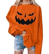 WJFHSO Halloween Sweatshirts For Women Scary Pumpkin Smiley Printed Top Fall Fashion Crew Neck Lo...