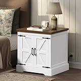 MAHANCRIS Farmhouse End Table with Charging Station, 24' Large Sofa Table with Barn Door, Rustic Square White Nightstand with Adjustable Storage Shelf, Bedside Table for Bedroom, Living Room