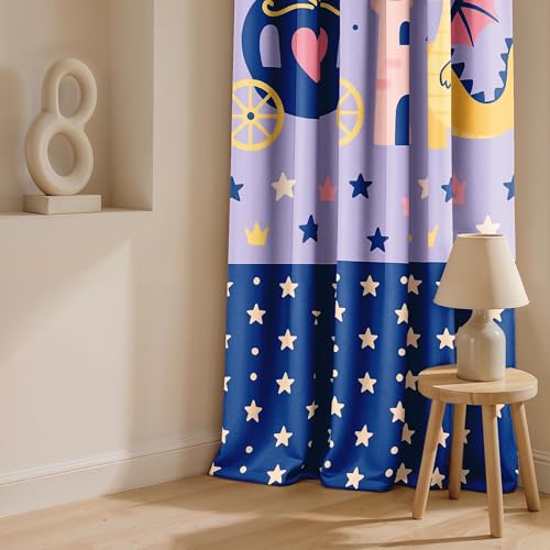 Image of Ultimate Trends Light Filtering Kids Curtain | Fairy, Dragon Castle, Safari & Jungle Animal Prints | for Kids Room Doors and Window | 6 FEET Pack of 2 |Royal Fairytale