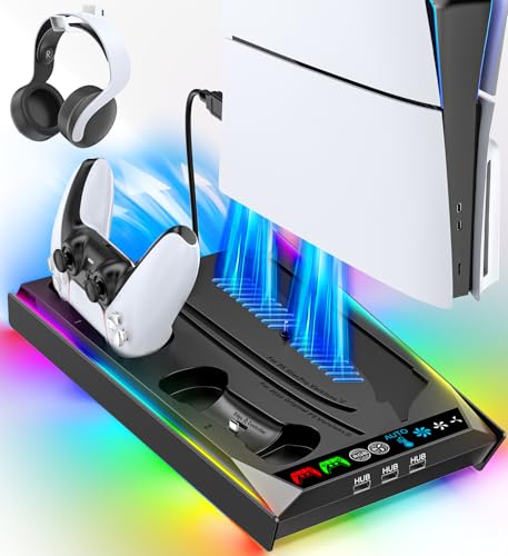 Rysker PS5/Slim/Pro Stand, PS5 Cooling Station Built-in 3-Level Cooling Fan &amp; Fast Charger for Disc &amp; Digital, PS 5 Accessories with Safety Screw and Headset Holder for PlayStation 5 Case