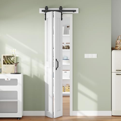 Image of Bifold Barn Door 28 x 84 in (Double 14 inch),Bi-fold Sliding Closet Doors with Hardware Track kit Included, 2.8ft Rail for 2 Doors,Save Space,MDF Wood Panel,PVC Surface,DIY Assembly, White