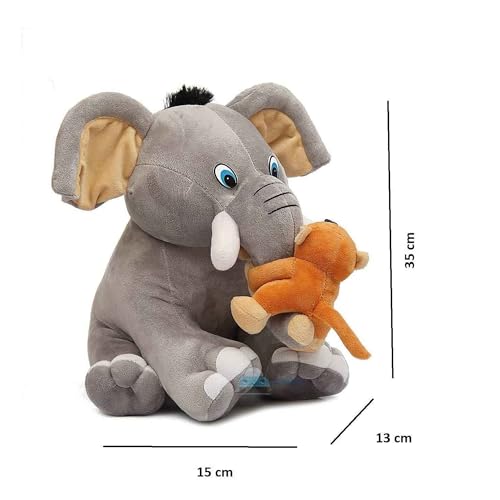 Image of DearJoy Baby Elephant with Monkey Soft Toy Grey - Height 35Cm