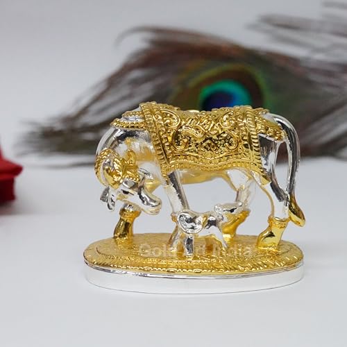 Om Kamdhenu cow con ternero dorado y plateado 2.2 pulg miniatura 1