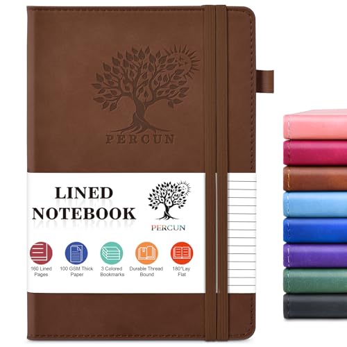 PERCUN Lined Journal Notebook for Men & Women, 160 Pages Leather Journals for Writing, A5 Hardcover Notebooks for Note Taking, Work, School, Business, Travel,Daily Diary 5.9" x 8.5" (Brown)