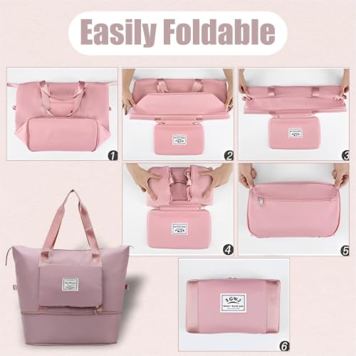Image of JD Fresh 41 Liter Foldable Travel Bags for Women /Nylon Duffle Bags /Expandable Vanity Travelling Luggage Handbags /Waterproof & Lightweight Shopping Bag for Personal Items (Pink)