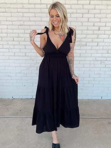 Deep Self Women's Summer Casual V Neck Backless Tie Strap Maxi Dress Long Summer Dress Maxi Dresses Black Long Flowy Dresses Solid #TOP3