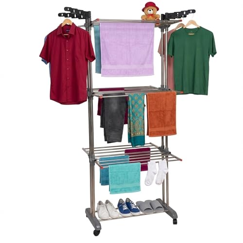 Image of GADDA CO Stainless Steel Double Pole 3 Layer Cloth Drying Stand with Hanger |Heavy Duty Rust-Proof Steel Clothes Drying Rack | Foldable Laundry Stand for Indoor & Outdoor Use | Grey -71 x 31 x 17 Inch