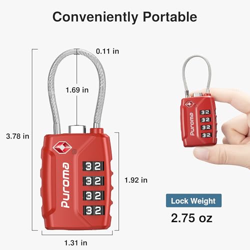 Image of Puroma TSA Approved Luggage Lock, 4 Digit Combination Travel Locks Resettable Code Lock with Zinc Alloy Body for Suitcase, Toolbox, Backpack, Bag, Gym Locker, Basic Red, secure