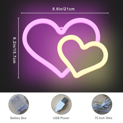 Image of Dual Heart Neon Signs for Wall Decor Led Neon Signs for Bedroom Wall Neon Lights for Home Party Wedding Bachelorette Parties Marriage Proposals Birthday Parties Christmas Decorations