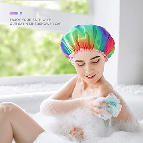 Mikimini Shower Cap For Women Long Hair, Double Layer Waterproof, Large Size, Reusable, Washable, No Smell, Rainbow Fashion Shower Cap X-Large (Pack Of 1) Rainbow #TOP4