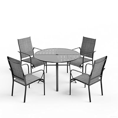 BUPPLEE 5-Piece Outdoor Dining Table Set for 4,Round Table with Umbrella Hole & 4pcs Textilene Chairs - Patio Outdoor Furniture for Porch,Backyard, Garden, Poolside and Deck-Grey