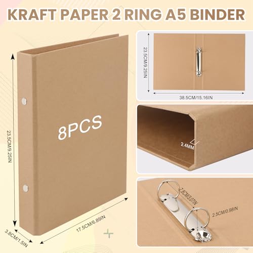 8 Stück Ringbuch A5, A5 Nachfüllbar Kraftpapier, Ringbuch Ordner mit 2 Ringe, 17.5x23.5 cm Ringordner, Kraftpapier-Binderschale mit 2 Aufkleber Beschriften für Reisetagebücher, Geschäftsbücher, Büros