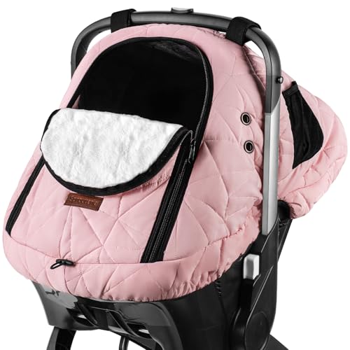 Image of Car Seat Cover Baby Winter: Sprouterie Carseat Canopy for Babies Infant Cold Weather Shield with Zipper Peeping Window Warm and Cozy Waterproof Universal Fitted Pink for Girl Newborn