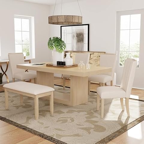 XD Designs 6-Piece Expandable Dining Table Set, Thickened Acacia Wood Dining Table with 18inch Removable Leaf and 4 Upholstered Dining Chairs& Bench for Kitchen Dining Room (Natural-2) Cover