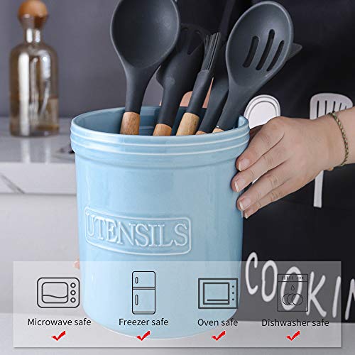KOOV Cooking Utensil Holder, Large Ceramic Utensil Crock, Deep and Stable, Utensil Caddy for Countertop Letter Series (Sky)