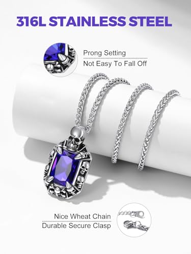 Richsteel Vintage Stone Pendant Punk Necklace for Men Women, Ruby/Blue Topaz/Emerald/Black Onyx, Skull/Cubic Zircon Gothic Necklace4