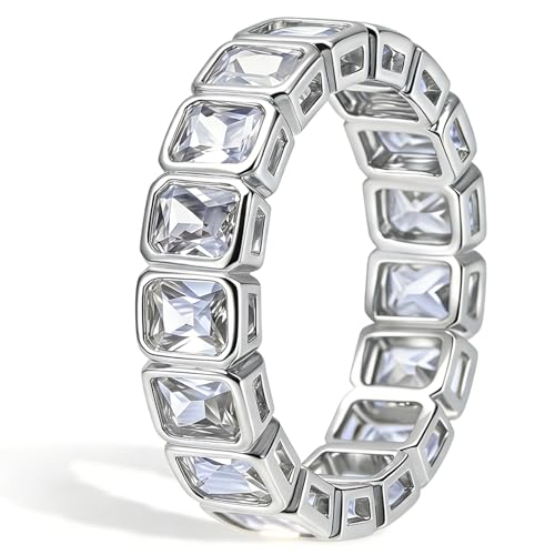 ENDLESLOOP 14K Gold Plated Baguette Rings for Women Emerald Oval Radiant Cut Cubic Zirconia Eternity Rings Fashion Wedding Band Promis Stackable Ring Silver Size 9