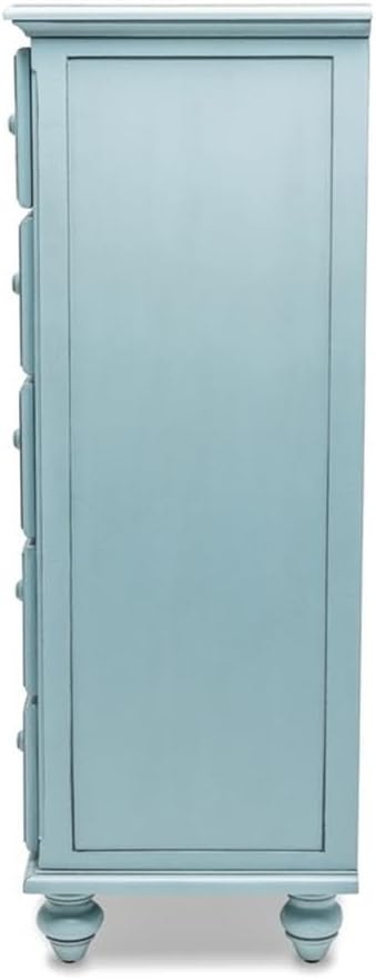 Pemberly Row Modern Coastal Wood Chest, 5-Drawers, Mindi Wood, Distressed Blue Finish, 50" H x 52" W x 18" D, Full Extension Ball Bearing Glides, Painted Back, Bedroom Storage Furniture