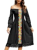 Mexican Dress for Women Embroidered Traditional Fiesta Dresses Cinco De Mayo Mexicano Vestido Floral Outfit Hispanic Folklorico Style Long Sleeve Pattern Blossomy Black