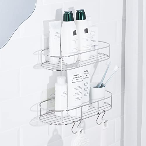 Kincmax Self Adhesive Round Shower Caddy - Pack Of 2 - Stainless Steel Wall Organizer Shelves W/ 2 S Hooks - Drill Free Shelf Stand For Bathroom Accessories - Column - Silver #TOP25