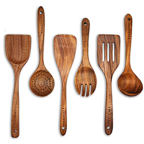 Holzlöffel zum Kochen, Holz-Kochutensilien, 6-teiliges Küchenutensilien-Set, Holzutensilien zum Kochen, 100% natürliches Teakholz, Holzspatel zum Kochen