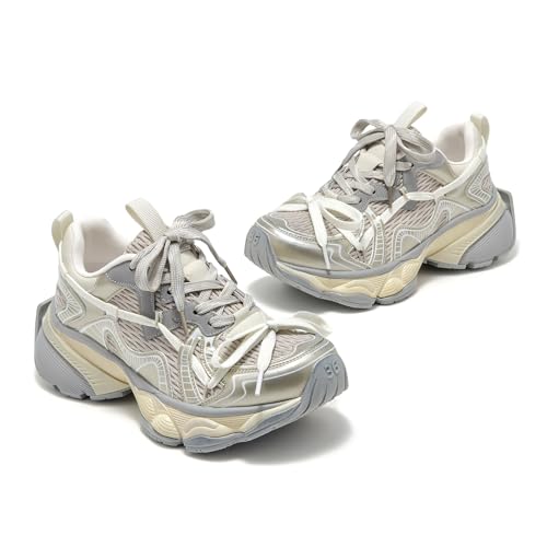 BEAU TODAY Womens Platform Fashion Sneakers, Chunky Leather Walking Shoes for Women, Casual Dress Comfortable Non-Slip Lace-up Mesh Running Gym Shoes