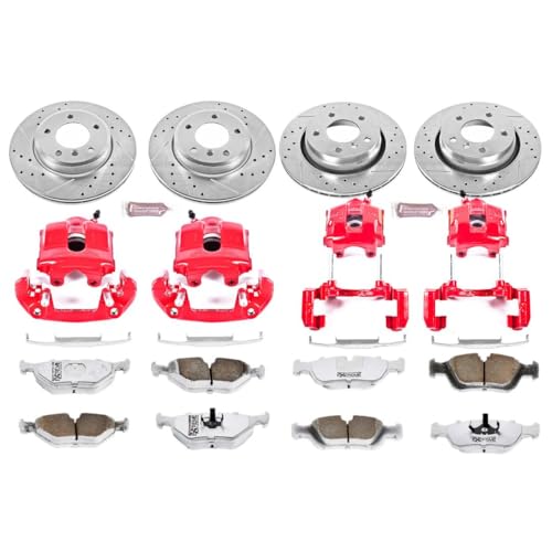 Image of PowerStop Front and Rear Brake Kit for BMW 323Ci 2000 |323i 2000 |325Ci 2001-06 |325i 2001-05 - Drilled & Slotted Disc Rotors + Carbon-Fiber Ceramic Brake Pads + Red-Powder Coated Calipers, KC871-26