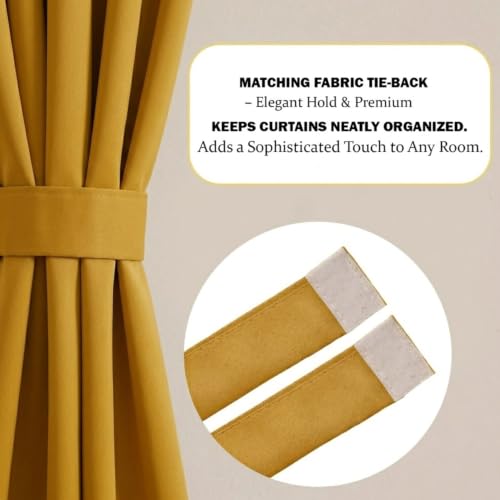 Image of 100% Blackout Window Curtains, 7 Feet, Solid Design, Faux Silk, Thermal Insulated, Noise Reducing Eyelet Door Curtain with Tie Back for Living Room & Bedroom, 115x210cm, Pack of 1 - Yellow