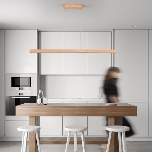 Image of 39 inch Wooden Linear Pendant Light LED Pendant Lights Dimmable Pool Table Island Lights Modern Linear Chandeliers for Dining Room Kitchen Ceiling Pendant Lamp for Kitchen Island Billiard Room Natural
