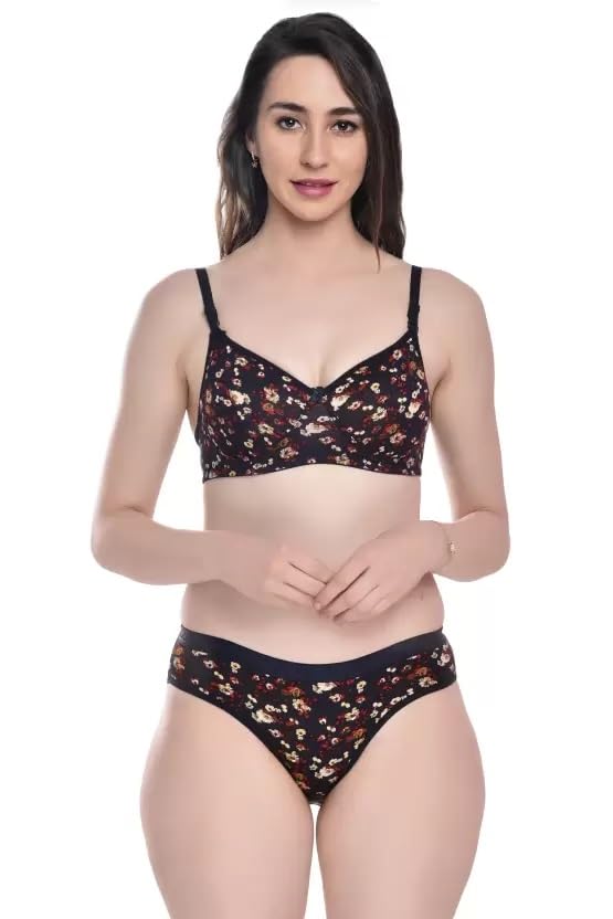 Image of Women's Cotton Full Coverage Lightly Padded Wire Free Sexy Bra Panty Lingerie Set Honeymoon Bikni Set for Girl's Combo Pack of 3