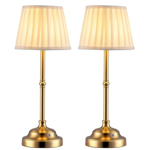 KDG Cordless LED Table Lamp Set of 2, Portables Fabric Shade Desk Lamps, 4000mAh Rechargeable Battery Powered Lighting, Dimmable Light for Dining Room, Bedroom, Bedside, Night Light, Balcony (Bronze)