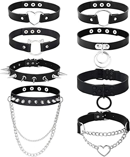 LOLIAS 8Pcs Women's PU Leather Gothic Choker Necklace Set Punk Chain Clavicle Black Leather Choker Sexy Spike Necklace Rock Belt Love Heart Choker Adjustable Collar Choker Cosplayer Halloween Costumes