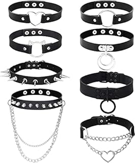 LOLIAS 8Pcs Women's PU Leather Gothic Choker Necklace Set Punk Chain Clavicle Black Leather Choker Sexy Spike Necklace Rock Belt Love Heart Choker Adjustable Collar Choker Cosplayer Halloween Costumes