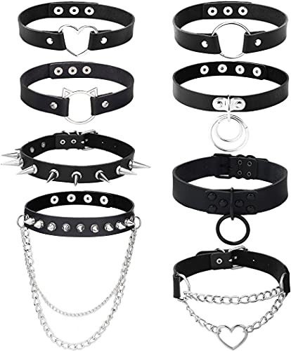 LOLIAS 8 Piezas de Cuero de PU Gargantilla Gótica Conjunto de Collar de Cadena Punk Clavícula Gargantilla de Cuero Sexy Collar de Pinchos Belt Gargantilla Ajustable Cosplayer Disfraces de Halloween Cover