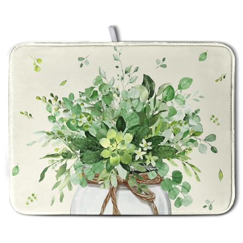 Spring Sage Green Leaves Dish Drying Mat for Kitchen Counter Eucalyptus Leaf Floral Mason Jar Dishes Drainer Mats Absorbent Microfiber Dish Draining Mat Washable Large Dish Pad 18x24 Inch