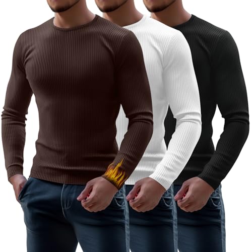 Riyiper 3 Pack Men's Ribbed Thermal Shirts Crew Neck Long Sleeve Tops Winter Stretchy Slim Basic...